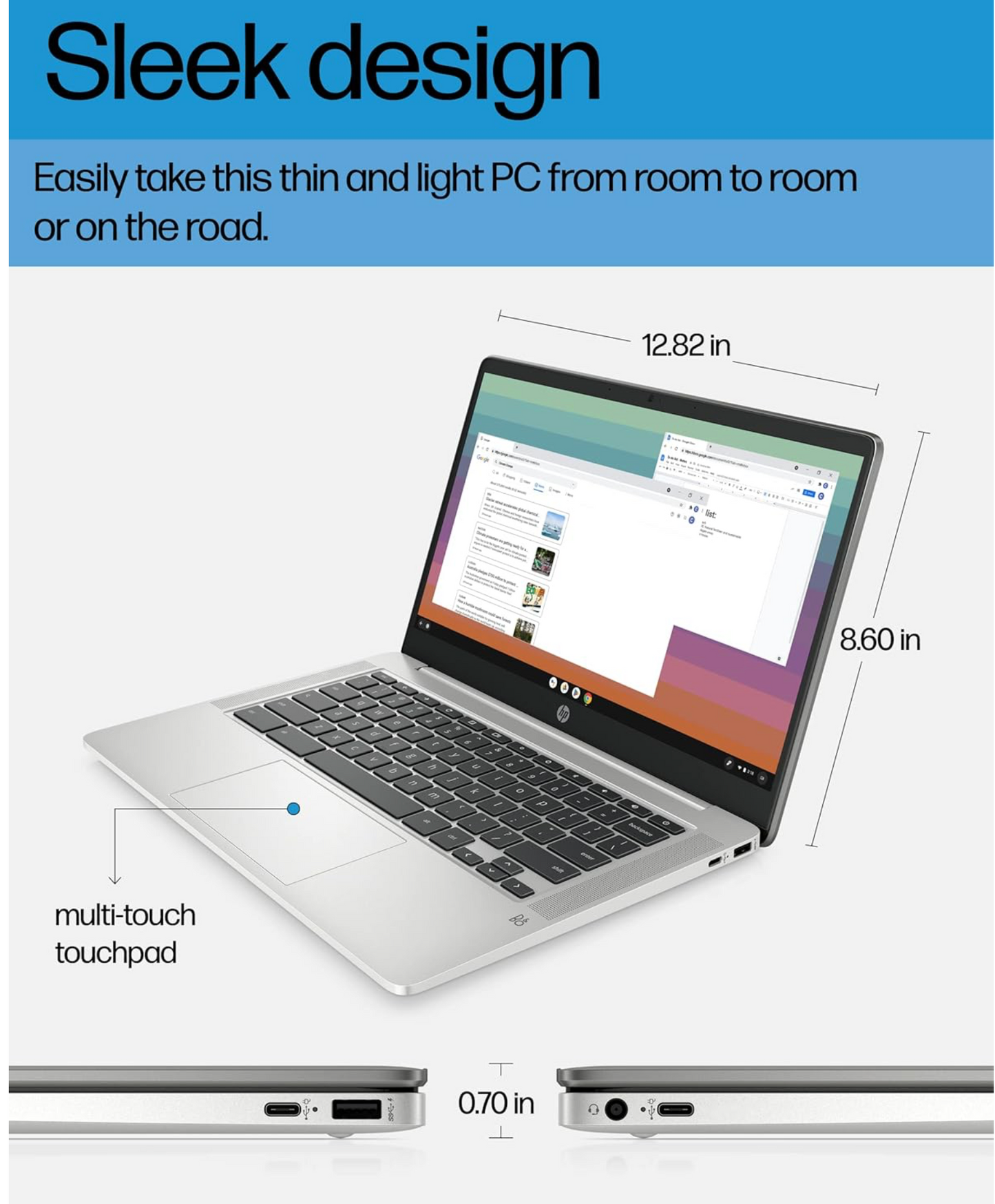 HP Chromebook 14 Laptop, Intel Celeron N4120, 4 GB RAM, 64 GB eMMC, 14" HD Display, Chrome OS, Thin Design, 4K Graphics, Long Battery Life, Ash Gray Keyboard, Mineral Silver