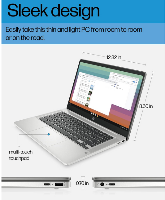 HP Chromebook 14 Laptop, Intel Celeron N4120, 4 GB RAM, 64 GB eMMC, 14" HD Display, Chrome OS, Thin Design, 4K Graphics, Long Battery Life, Ash Gray Keyboard, Mineral Silver